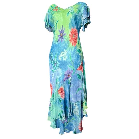 Vtg Silk Floral Dress Mermaid Asymmetrical Flutter Bias Cut Tropical Hawaiian - Picture 1 of 13